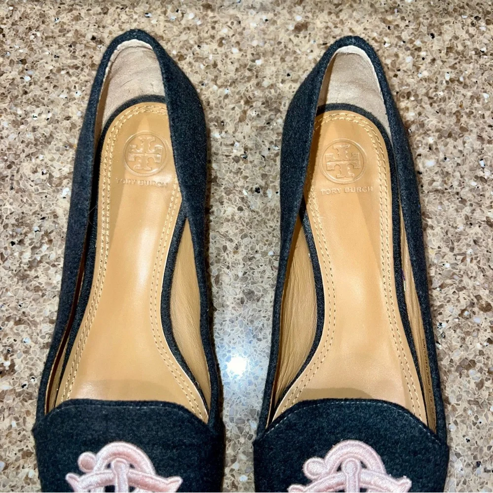 Tory Burch Black Felt Flats with Pink Logo